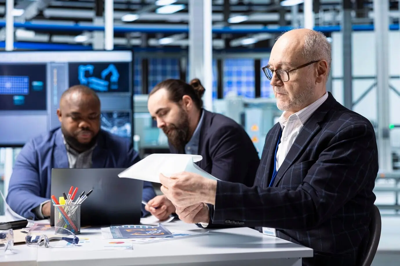 Gerentes de fábrica e inversionistas analizan documentos técnicos de datos de producción.